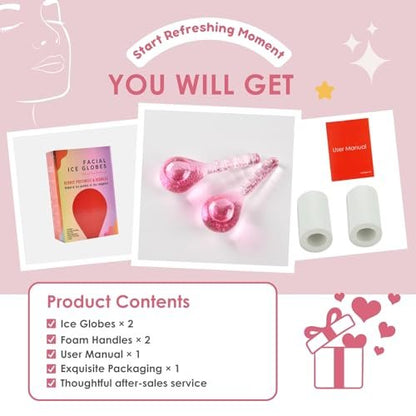 Glitter Pink Ice Globes Facial Cooling Tools - Cryo Beauty Balls with Anti-Slip Handle for Face, Eyes & Neck, Soothing Cold Massage Avelisse