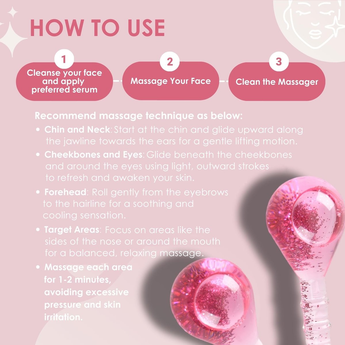 Glitter Pink Ice Globes Facial Cooling Tools - Cryo Beauty Balls with Anti-Slip Handle for Face, Eyes & Neck, Soothing Cold Massage Avelisse