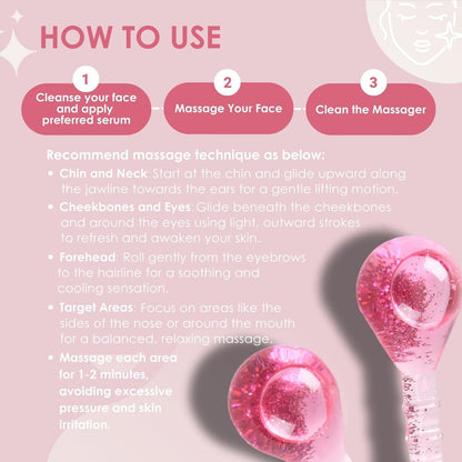 Glitter Pink Ice Globes Facial Cooling Tools - Cryo Beauty Balls with Anti-Slip Handle for Face, Eyes & Neck, Soothing Cold Massage Avelisse