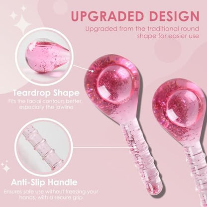 Glitter Pink Ice Globes Facial Cooling Tools - Cryo Beauty Balls with Anti-Slip Handle for Face, Eyes & Neck, Soothing Cold Massage Avelisse