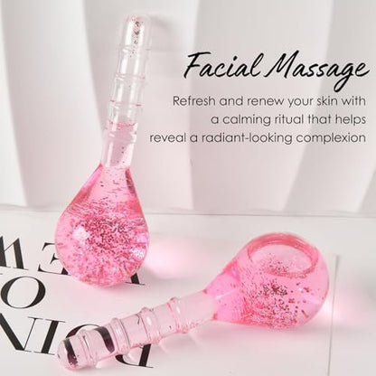 Glitter Pink Ice Globes Facial Cooling Tools - Cryo Beauty Balls with Anti-Slip Handle for Face, Eyes & Neck, Soothing Cold Massage Avelisse