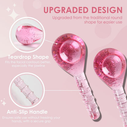 Glitter Pink Ice Globes Facial Cooling Tools - Cryo Beauty Balls with Anti-Slip Handle for Face, Eyes & Neck, Soothing Cold Massage Avelisse