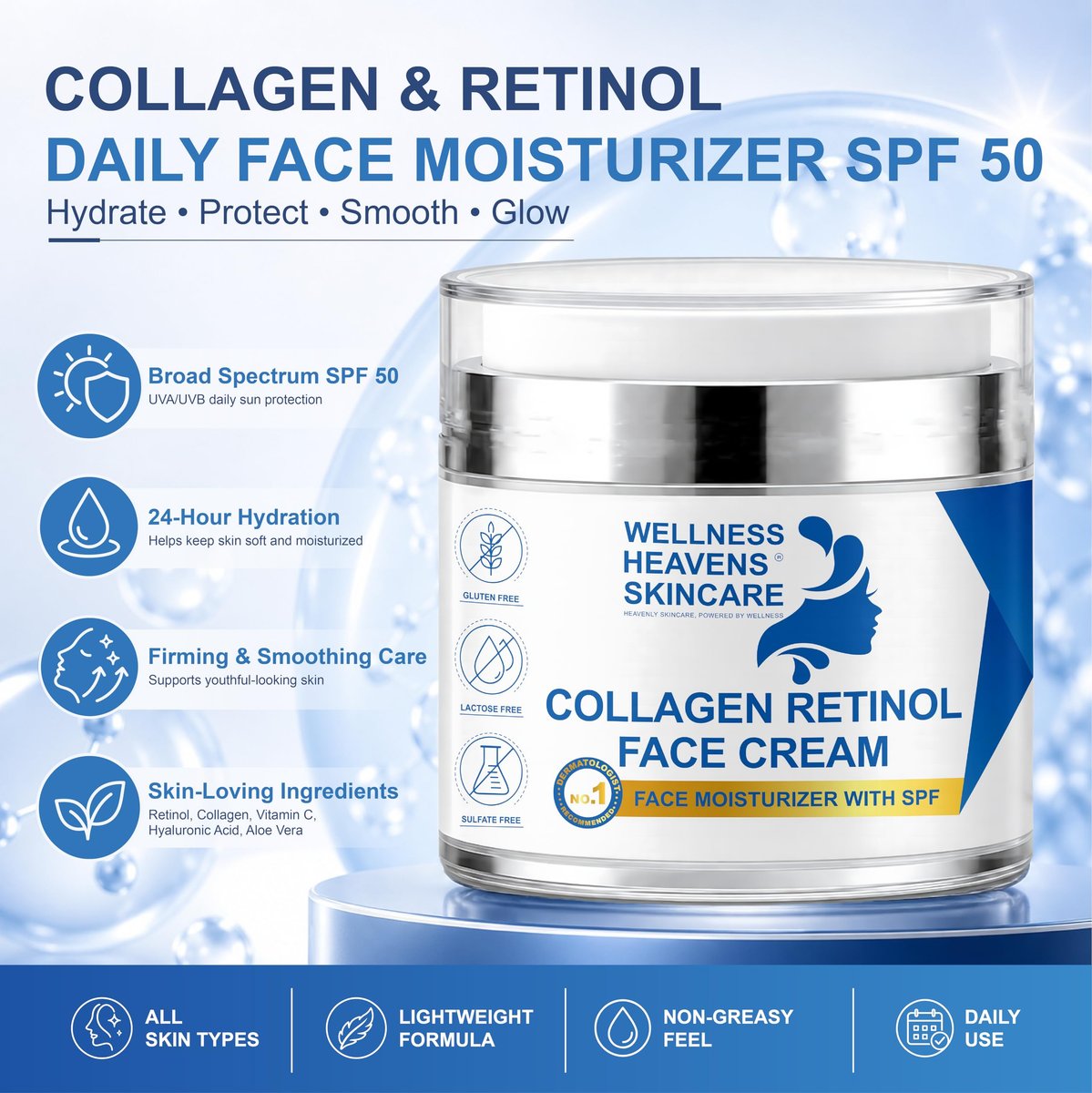 Anti-Aging Face Moisturizer with SPF, Collagen, Retinol & Hyaluronic Acid - Lift & Firm Cream for Dry, Aging Skin 1.7oz Avelisse