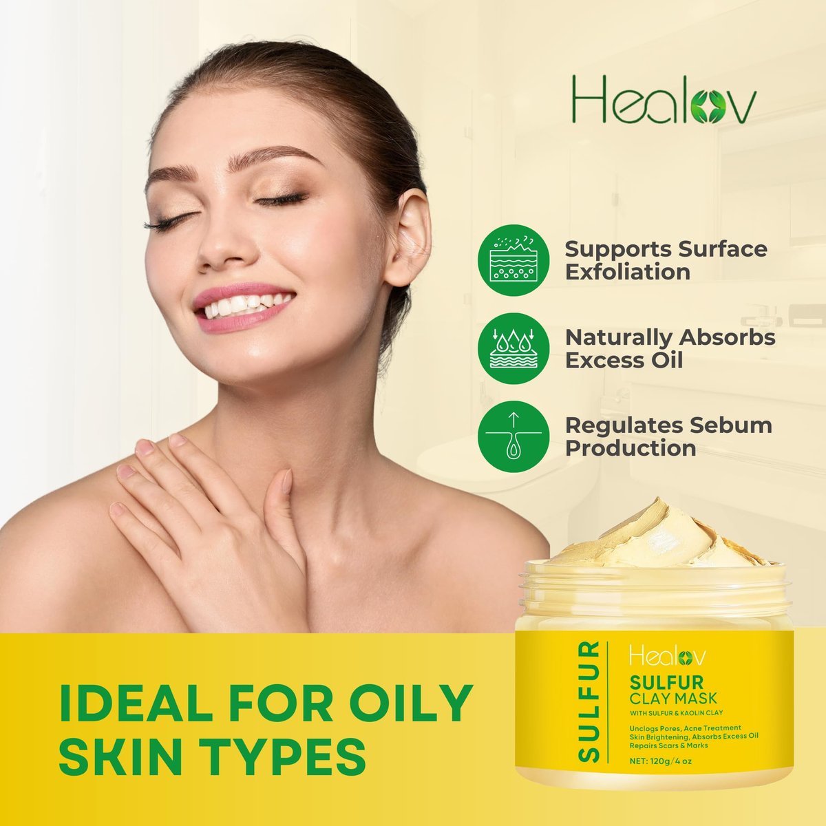 Healov Sulfur Face Mask – All Natural Sulfur Facial Clay Mask for Acne, Oily Skin & Clogged Pores – Kaolin Mask Treatment, 4 oz - görsel 3