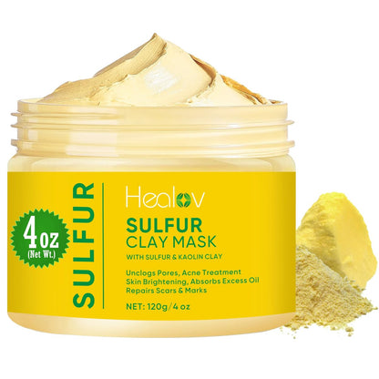 Healov Sulfur Face Mask – All Natural Sulfur Facial Clay Mask for Acne, Oily Skin & Clogged Pores – Kaolin Mask Treatment, 4 oz