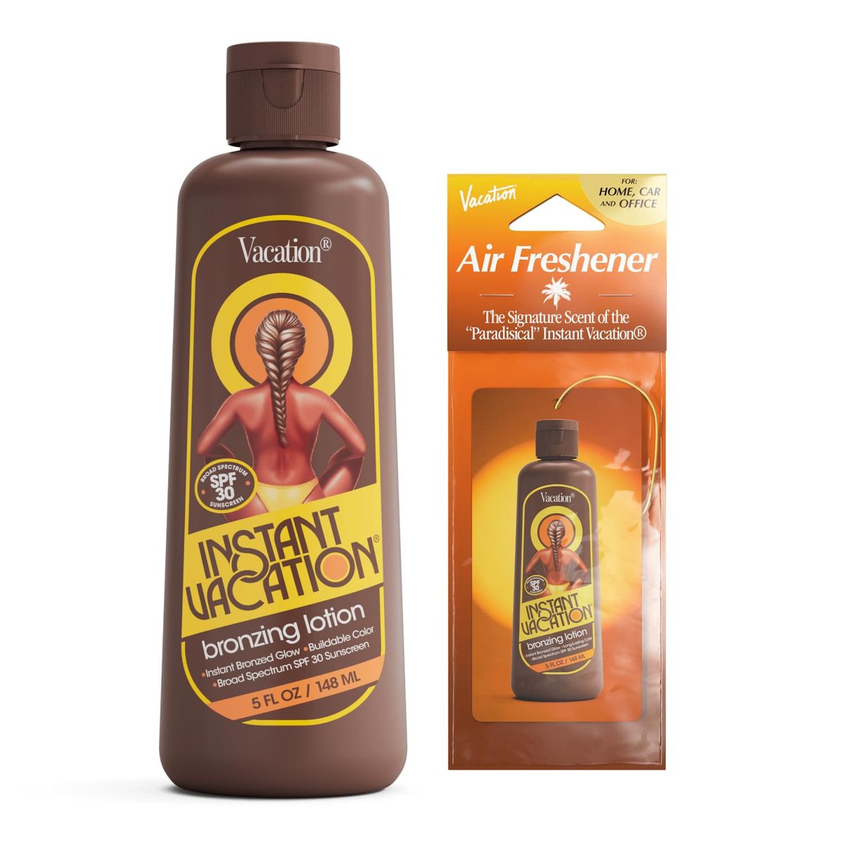 Instant Vacation SPF 30 Bronzing Lotion & Air Freshener Bundle, Lightweight Buildable Color, Evens Skin Tone, Cocoa-Hazelnut Scent, Vegan, 5 Fl Oz Avelisse