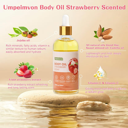 Umpeimvon 2 Pack 3.38 fl.oz Strawberry Body Oil After Shower - Vitamin C & E Gua Sha Body Oils Scented Body Oils for Women, Dry Body Oil Juice for Skin