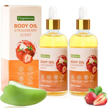 Umpeimvon 2 Pack 3.38 fl.oz Strawberry Body Oil After Shower - Vitamin C & E Gua Sha Body Oils Scented Body Oils for Women, Dry Body Oil Juice for Skin