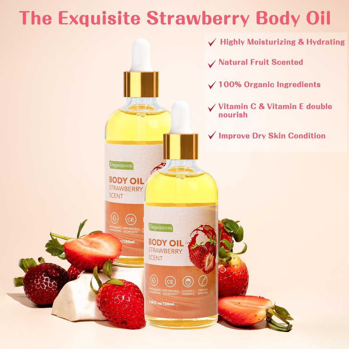 Umpeimvon 2 Pack 3.38 fl.oz Strawberry Body Oil After Shower - Vitamin C & E Gua Sha Body Oils Scented Body Oils for Women, Dry Body Oil Juice for Skin - görsel 5