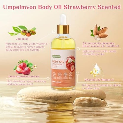 Umpeimvon 2 Pack 3.38 fl.oz Strawberry Body Oil After Shower - Vitamin C & E Gua Sha Body Oils Scented Body Oils for Women, Dry Body Oil Juice for Skin