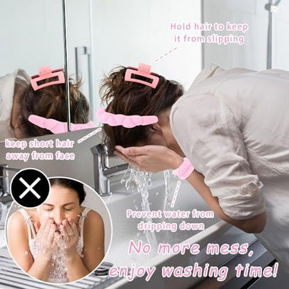 Wecoe Spa Set: Pink Puffy Sponge Bubble Headband, Makeup Headband & Wrist Towels, 4-Inch Hair Claw Clip