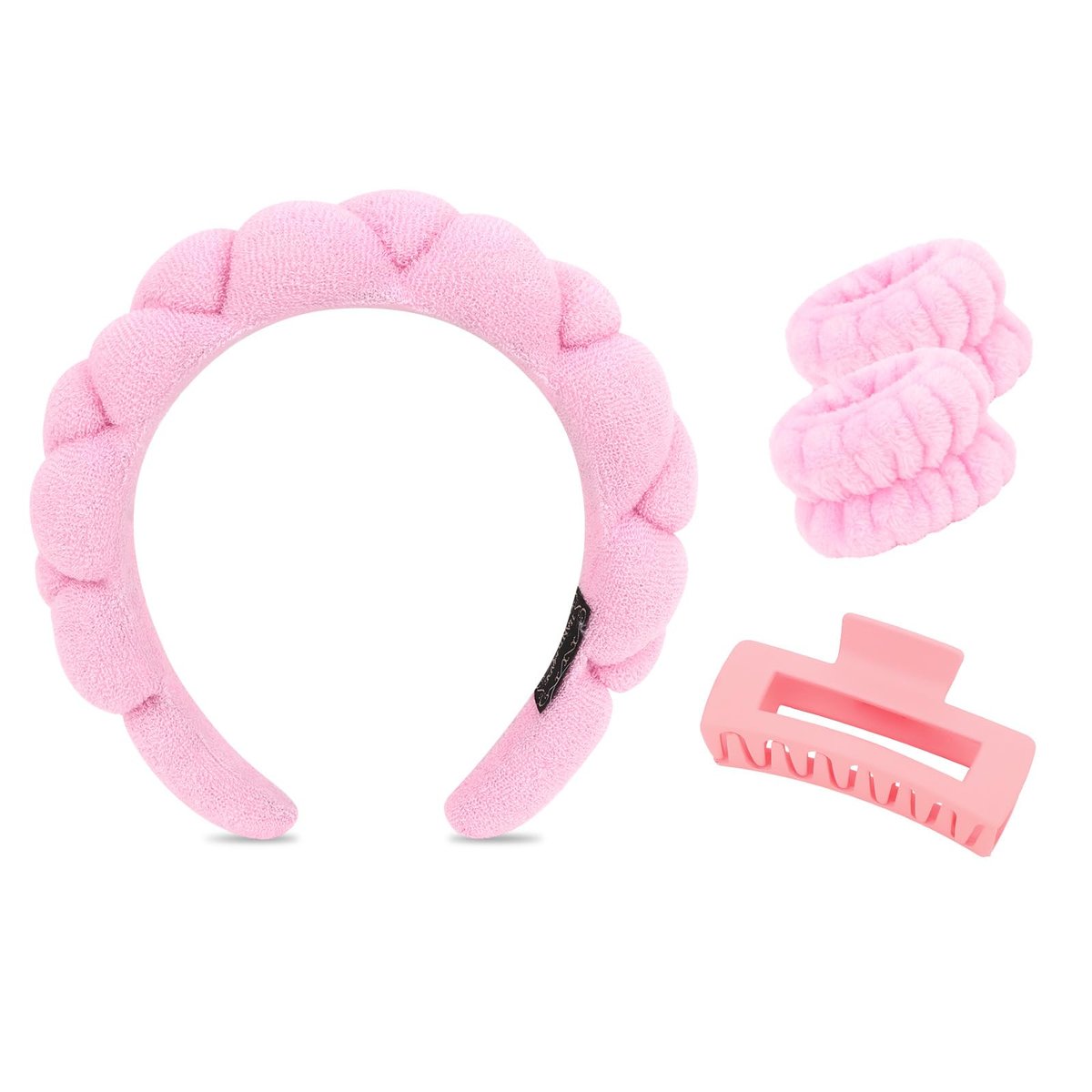Wecoe Spa Set: Pink Puffy Sponge Bubble Headband, Makeup Headband & Wrist Towels, 4-Inch Hair Claw Clip - görsel 1