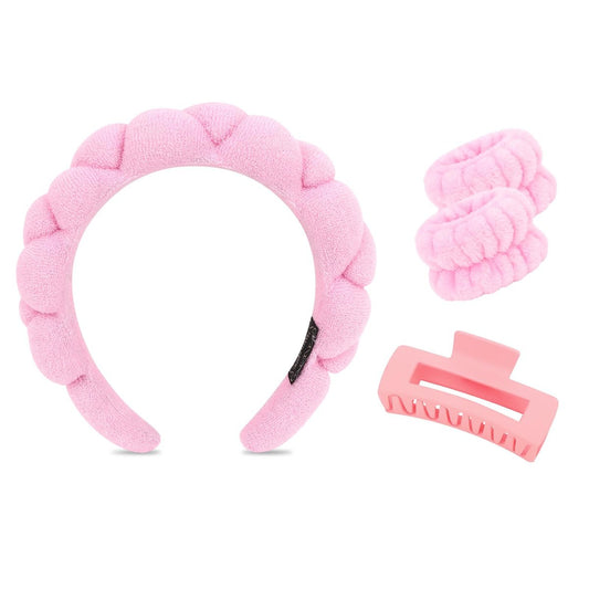 Wecoe Spa Set: Pink Puffy Sponge Bubble Headband, Makeup Headband & Wrist Towels, 4-Inch Hair Claw Clip
