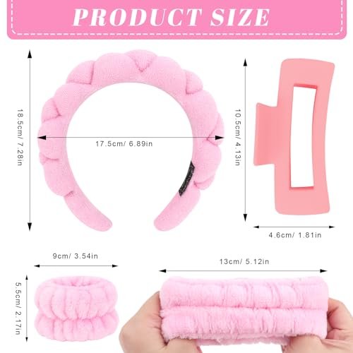 Wecoe Spa Set: Pink Puffy Sponge Bubble Headband, Makeup Headband & Wrist Towels, 4-Inch Hair Claw Clip - görsel 10