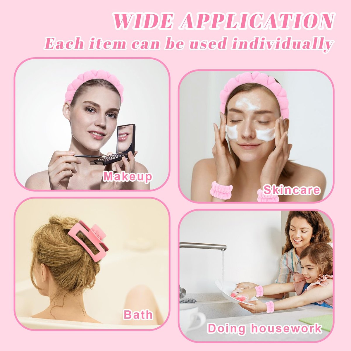Wecoe Spa Set: Pink Puffy Sponge Bubble Headband, Makeup Headband & Wrist Towels, 4-Inch Hair Claw Clip - görsel 7