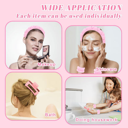 Wecoe Spa Set: Pink Puffy Sponge Bubble Headband, Makeup Headband & Wrist Towels, 4-Inch Hair Claw Clip