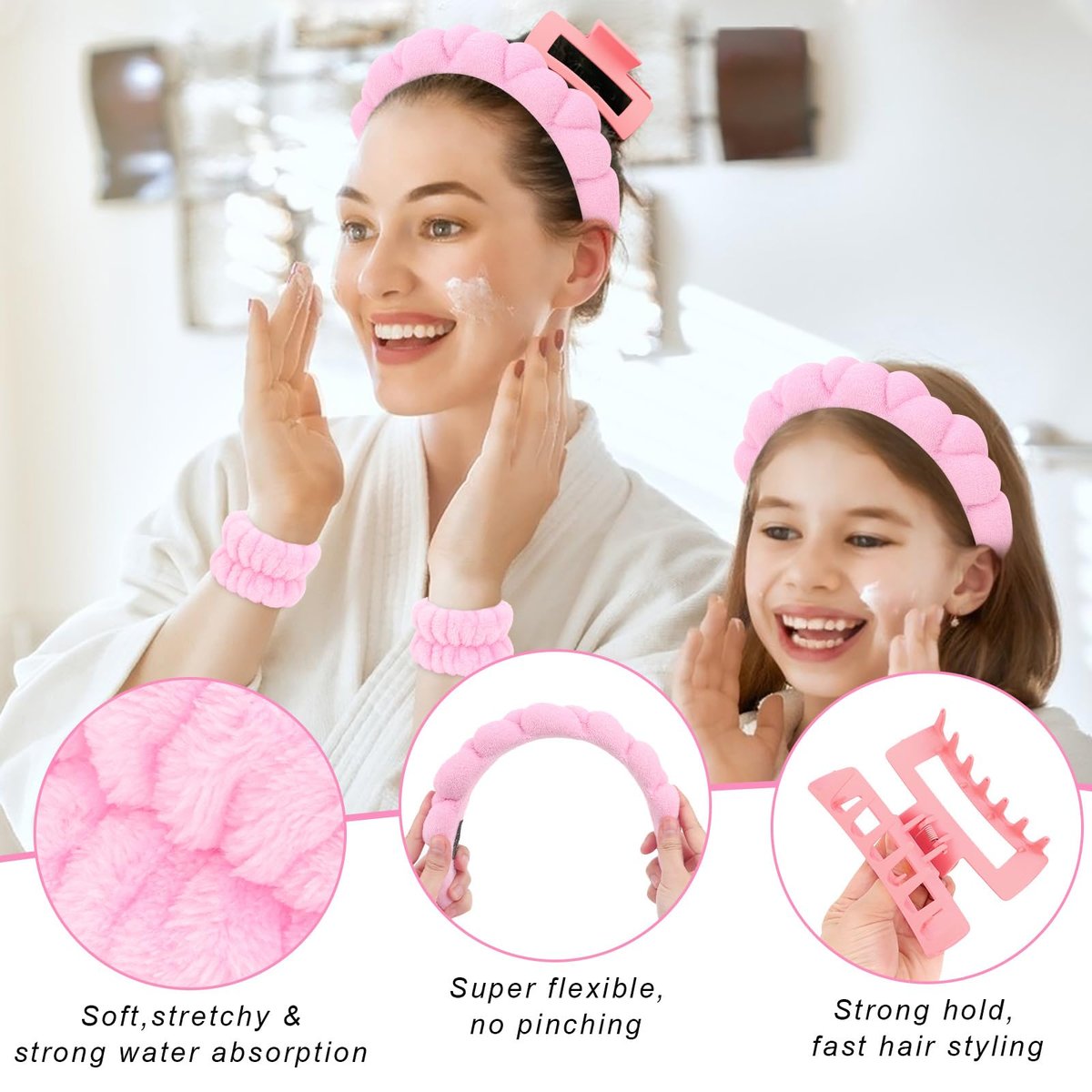 Wecoe Spa Set: Pink Puffy Sponge Bubble Headband, Makeup Headband & Wrist Towels, 4-Inch Hair Claw Clip - görsel 5