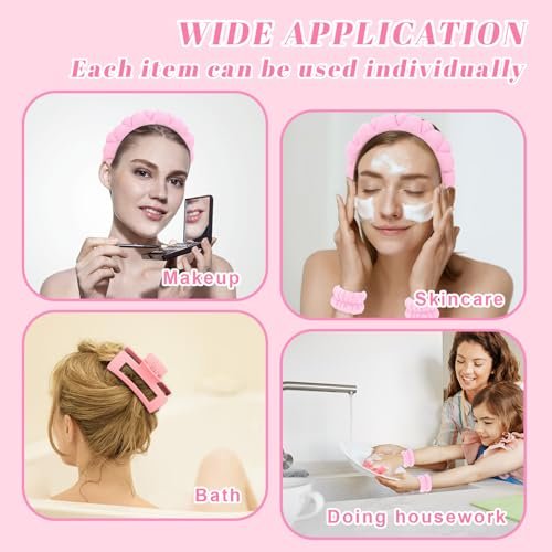 Wecoe Spa Set: Pink Puffy Sponge Bubble Headband, Makeup Headband & Wrist Towels, 4-Inch Hair Claw Clip - görsel 8
