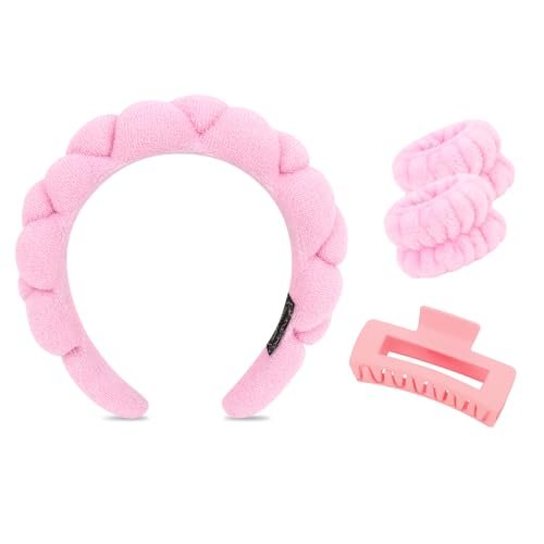 Wecoe Spa Set: Pink Puffy Sponge Bubble Headband, Makeup Headband & Wrist Towels, 4-Inch Hair Claw Clip - görsel 2