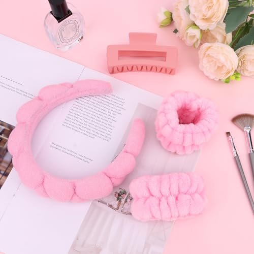 Wecoe Spa Set: Pink Puffy Sponge Bubble Headband, Makeup Headband & Wrist Towels, 4-Inch Hair Claw Clip - görsel 14