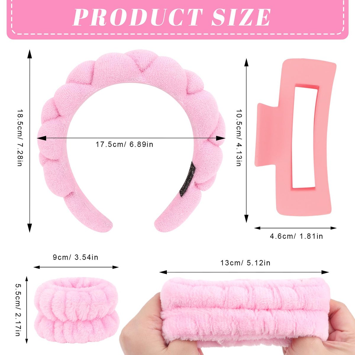 Wecoe Spa Set: Pink Puffy Sponge Bubble Headband, Makeup Headband & Wrist Towels, 4-Inch Hair Claw Clip - görsel 9