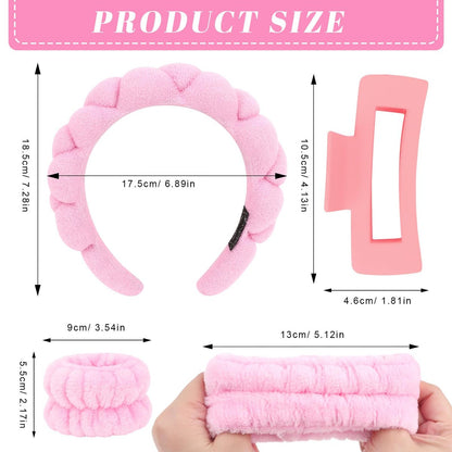 Wecoe Spa Set: Pink Puffy Sponge Bubble Headband, Makeup Headband & Wrist Towels, 4-Inch Hair Claw Clip