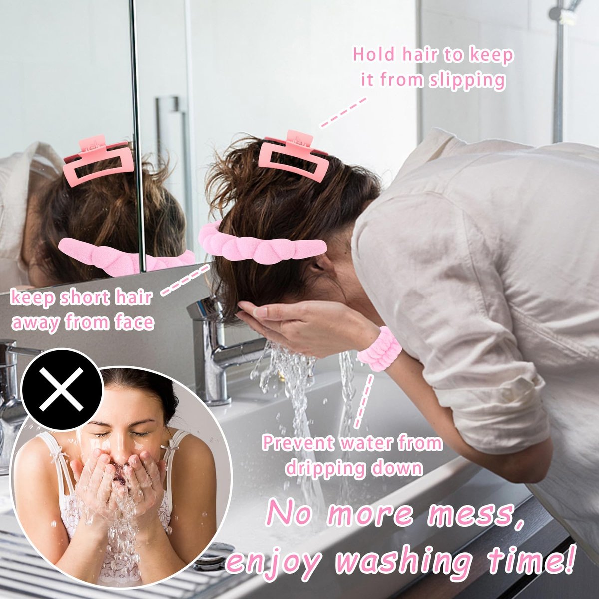 Wecoe Spa Set: Pink Puffy Sponge Bubble Headband, Makeup Headband & Wrist Towels, 4-Inch Hair Claw Clip - görsel 3