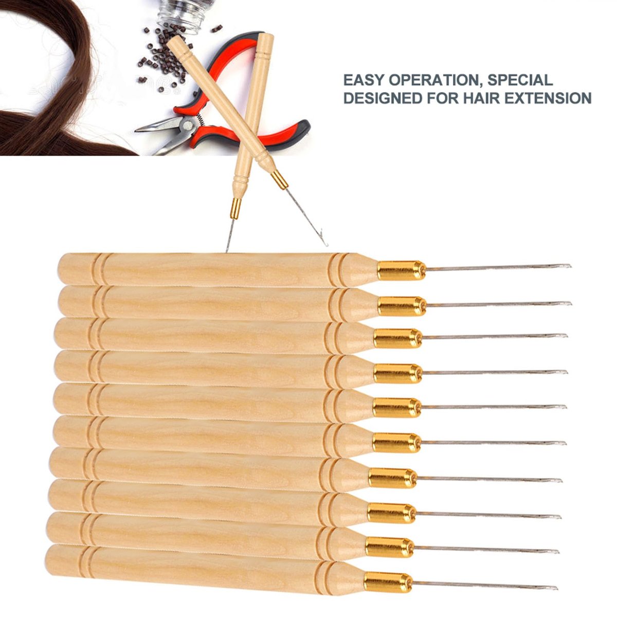 Chazcool 10-Piece Hair Extension Hook Needle Set - Wooden Handle Latch Hook Tool for Micro Link Rings, Beads, and Hair Extensions - görsel 5