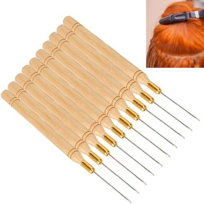 Chazcool 10-Piece Hair Extension Hook Needle Set - Wooden Handle Latch Hook Tool for Micro Link Rings, Beads, and Hair Extensions