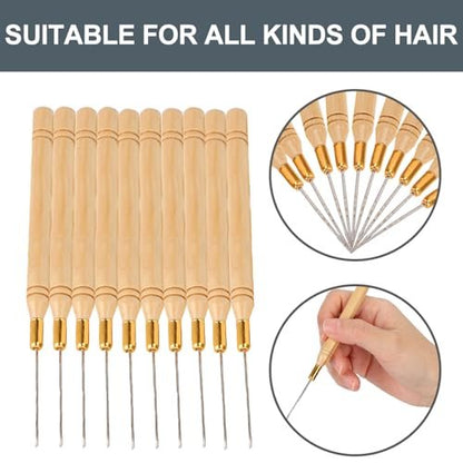 Chazcool 10-Piece Hair Extension Hook Needle Set - Wooden Handle Latch Hook Tool for Micro Link Rings, Beads, and Hair Extensions