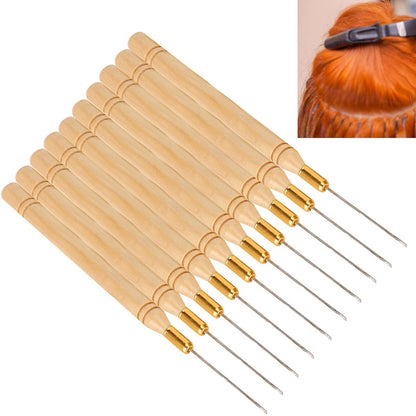 Chazcool 10-Piece Hair Extension Hook Needle Set - Wooden Handle Latch Hook Tool for Micro Link Rings, Beads, and Hair Extensions