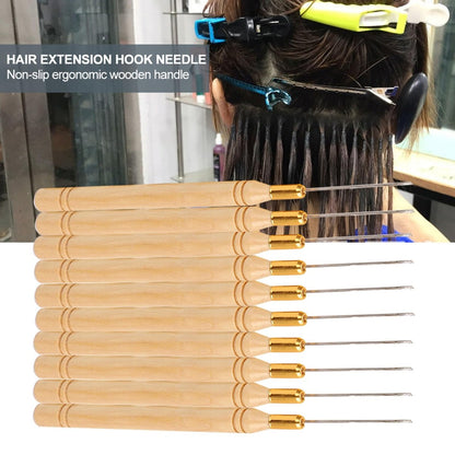 Chazcool 10-Piece Hair Extension Hook Needle Set - Wooden Handle Latch Hook Tool for Micro Link Rings, Beads, and Hair Extensions