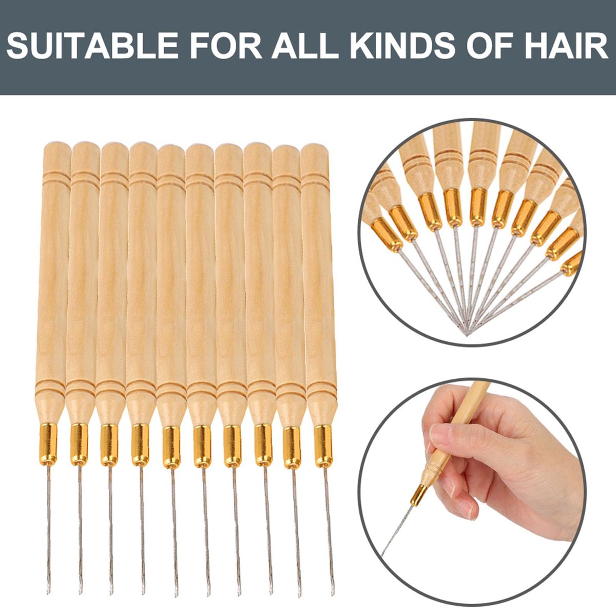 Chazcool 10-Piece Hair Extension Hook Needle Set - Wooden Handle Latch Hook Tool for Micro Link Rings, Beads, and Hair Extensions - görsel 7