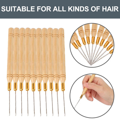 Chazcool 10-Piece Hair Extension Hook Needle Set - Wooden Handle Latch Hook Tool for Micro Link Rings, Beads, and Hair Extensions