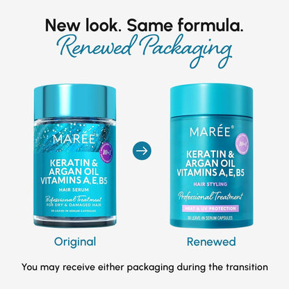 MAREE Hair Serum for Frizzy Dry Hair 2 Pack – Keratin & Argan Oil Styling Capsules with Vitamins A, E, B5 – UV & Heat Protectant Frizz Control for Women – Aceite para el Cabello Avelisse
