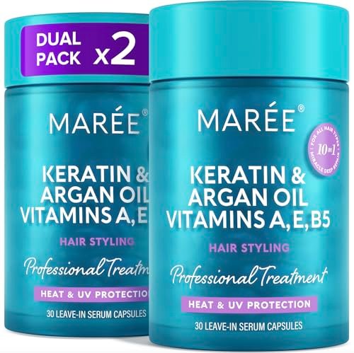 MAREE Hair Serum for Frizzy Dry Hair 2 Pack – Keratin & Argan Oil Styling Capsules with Vitamins A, E, B5 – UV & Heat Protectant Frizz Control for Women – Aceite para el Cabello Avelisse