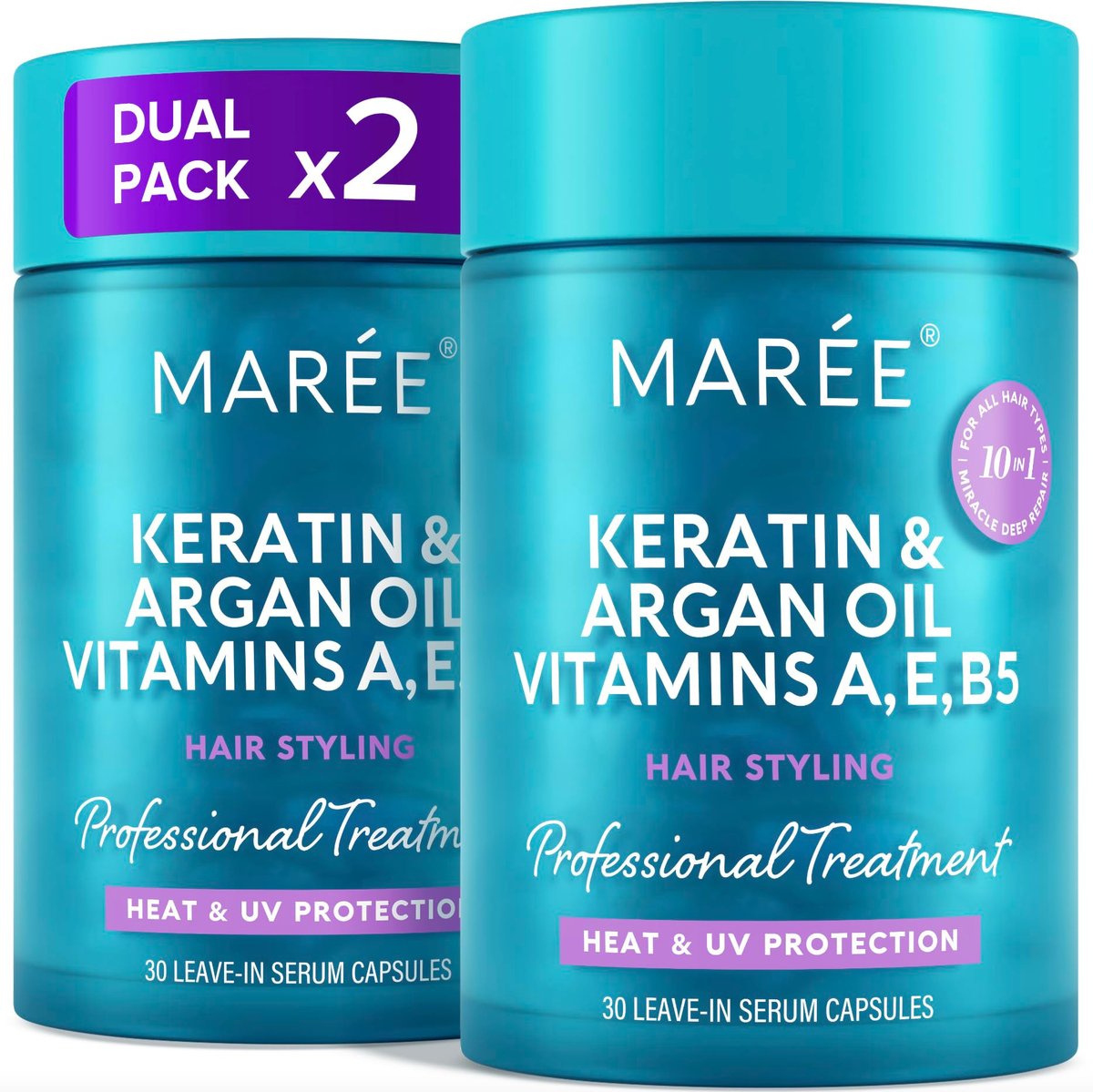 MAREE Hair Serum for Frizzy Dry Hair 2 Pack – Keratin & Argan Oil Styling Capsules with Vitamins A, E, B5 – UV & Heat Protectant Frizz Control for Women – Aceite para el Cabello Avelisse