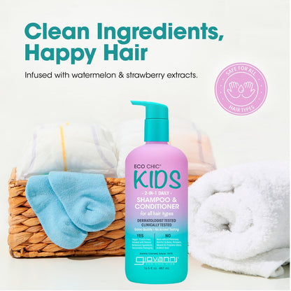 Eco Chic KIDs 2 In 1 Shampoo & Conditioner - Kids 2-in-1, For All Hair Types, Salon Quality, Lightweight & Hydrating, Gentle Formula, Vegan - 16.5 Fl Oz (Pack of 2) Avelisse