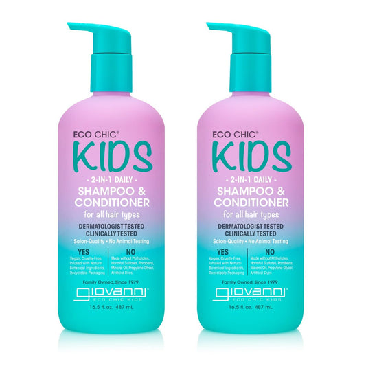 Eco Chic KIDs 2 In 1 Shampoo & Conditioner - Kids 2-in-1, For All Hair Types, Salon Quality, Lightweight & Hydrating, Gentle Formula, Vegan - 16.5 Fl Oz (Pack of 2) Avelisse