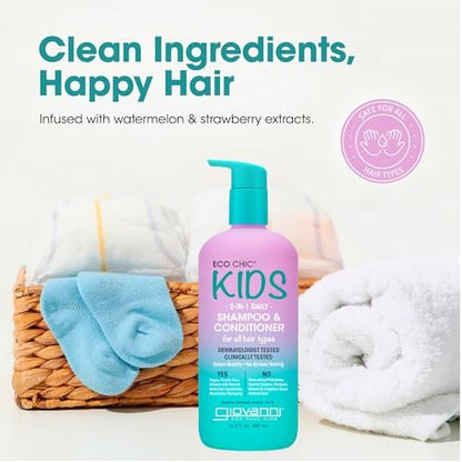 Eco Chic KIDs 2 In 1 Shampoo & Conditioner - Kids 2-in-1, For All Hair Types, Salon Quality, Lightweight & Hydrating, Gentle Formula, Vegan - 16.5 Fl Oz (Pack of 2) Avelisse