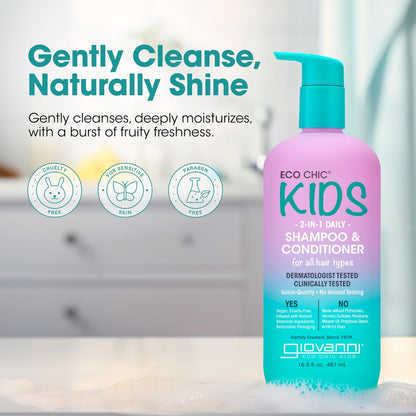 Eco Chic KIDs 2 In 1 Shampoo & Conditioner - Kids 2-in-1, For All Hair Types, Salon Quality, Lightweight & Hydrating, Gentle Formula, Vegan - 16.5 Fl Oz (Pack of 2) Avelisse