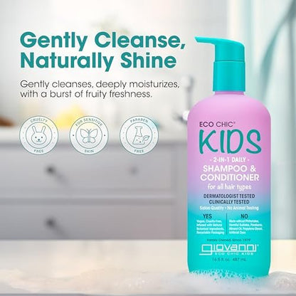 Eco Chic KIDs 2 In 1 Shampoo & Conditioner - Kids 2-in-1, For All Hair Types, Salon Quality, Lightweight & Hydrating, Gentle Formula, Vegan - 16.5 Fl Oz (Pack of 2) Avelisse
