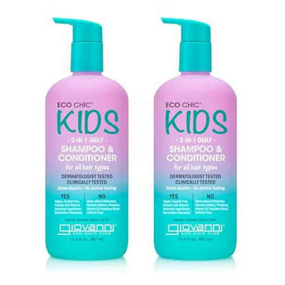 Eco Chic KIDs 2 In 1 Shampoo & Conditioner - Kids 2-in-1, For All Hair Types, Salon Quality, Lightweight & Hydrating, Gentle Formula, Vegan - 16.5 Fl Oz (Pack of 2) Avelisse