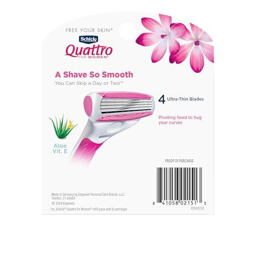 Schick Quattro Women's Razor Blade Refills, 12 Count – 4-Blade Cartridges for Smooth, Close Shave Avelisse