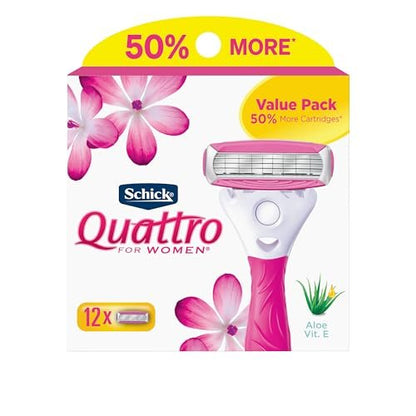 Schick Quattro Women's Razor Blade Refills, 12 Count – 4-Blade Cartridges for Smooth, Close Shave Avelisse