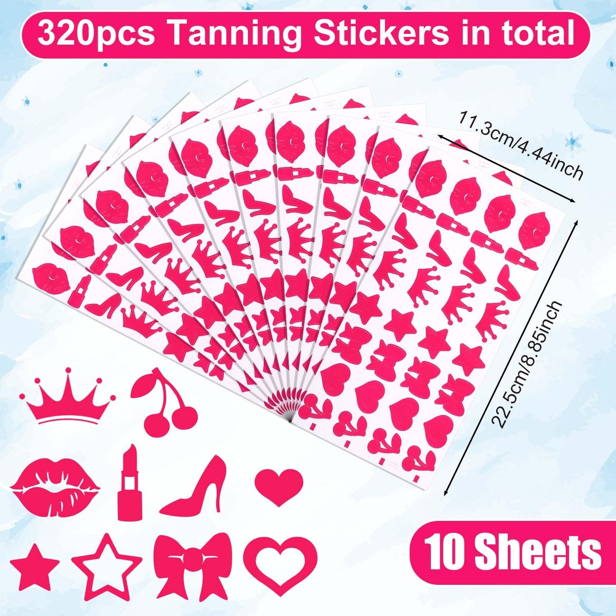 320pcs Tanning Stickers - Cute Sunbathing Body Decals for Summer Beach (8 Styles, Rose Red) - görsel 4