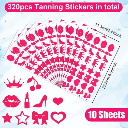 320pcs Tanning Stickers - Cute Sunbathing Body Decals for Summer Beach (8 Styles, Rose Red)