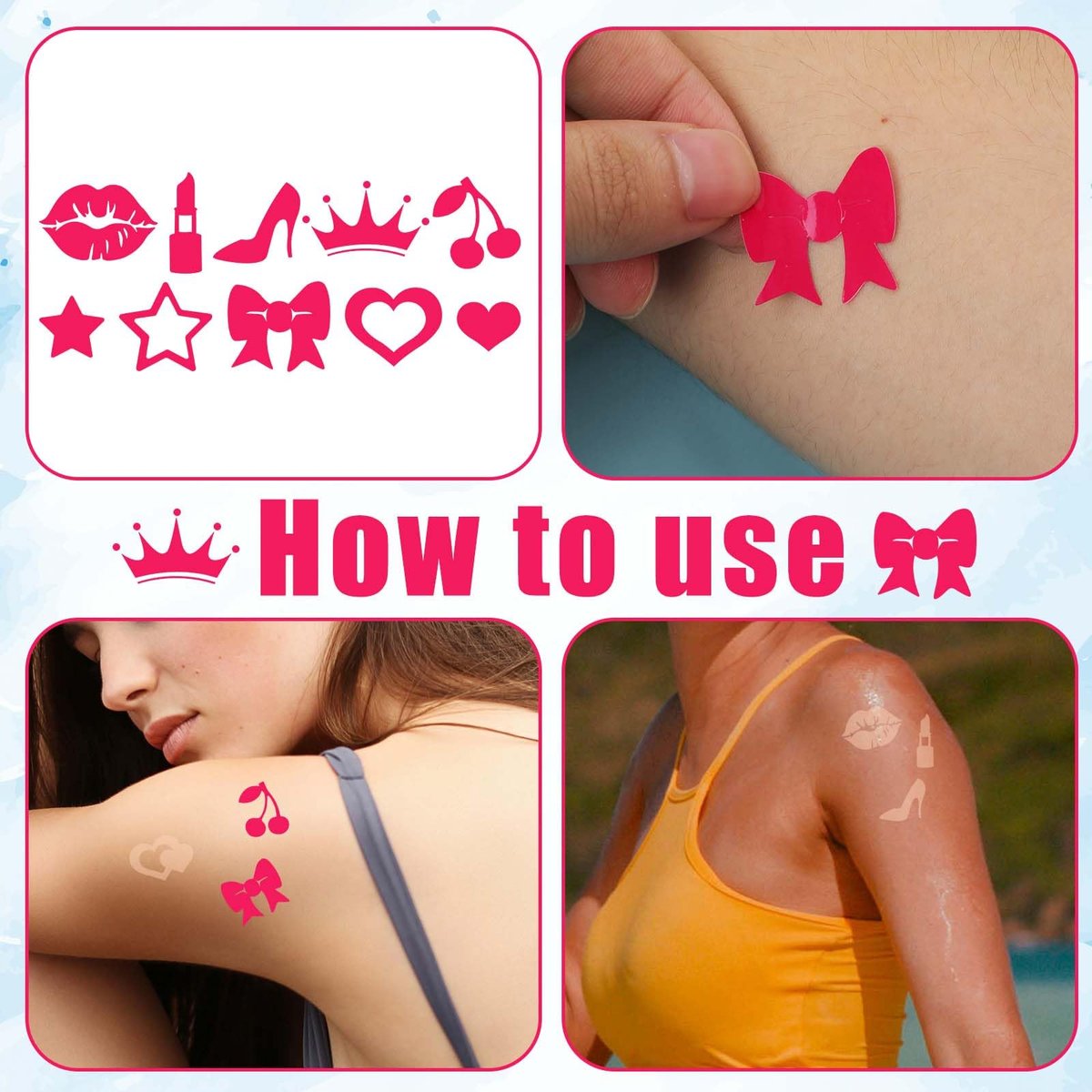 320pcs Tanning Stickers - Cute Sunbathing Body Decals for Summer Beach (8 Styles, Rose Red) - görsel 6