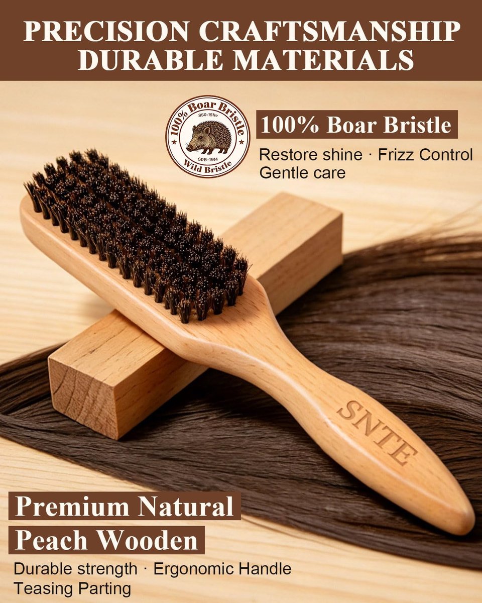 100% Boar Bristle Slick Back Hair Brush | Natural Peach Wood Handle | Restores Shine, Controls Frizz, Smooths Flyaways | Teasing Adds Volume Styling Tool | For Sleek Ponytails, Buns & Beard Grooming - görsel 3