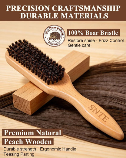 100% Boar Bristle Slick Back Hair Brush | Natural Peach Wood Handle | Restores Shine, Controls Frizz, Smooths Flyaways | Teasing Adds Volume Styling Tool | For Sleek Ponytails, Buns & Beard Grooming
